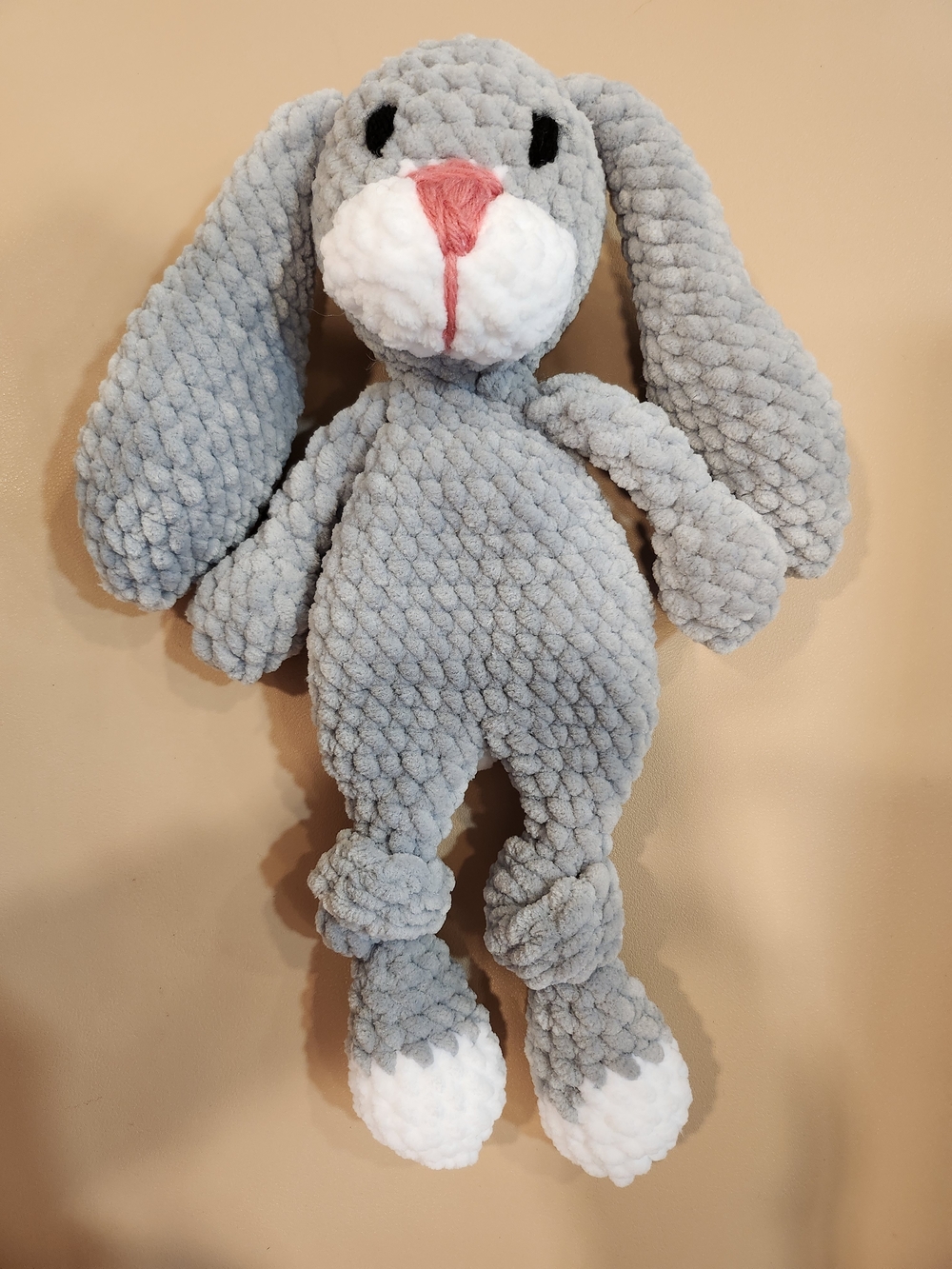 Plush Grey Bunny Lovey with White Paws and Pink Nose
